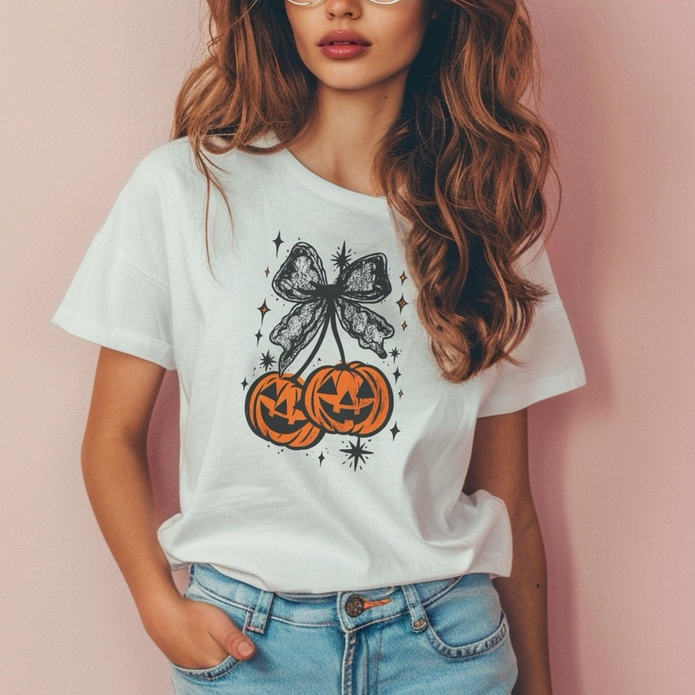Halloween Coquette Pumpkin Graphic Tee Spooky Season Whimsigoth White T-Shirt